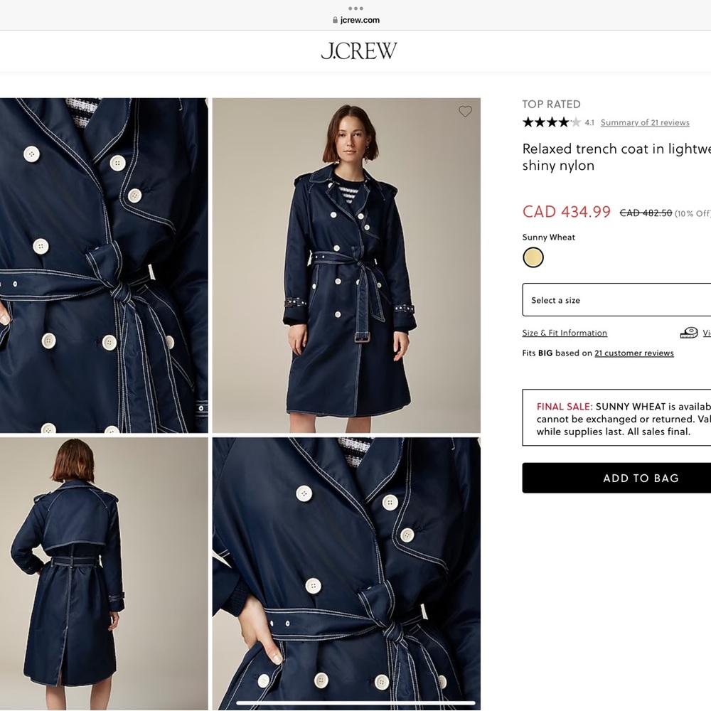 J. Crew Women's Navy Trench Coat